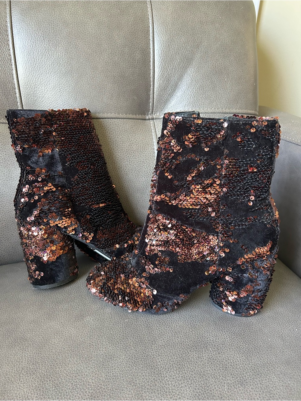 Topshop Black Velvet Ankle Boots with Copper Sequins